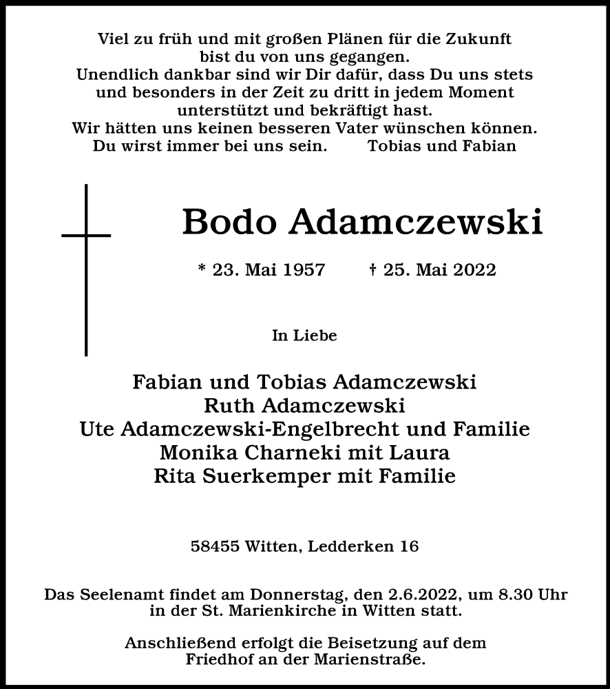  Traueranzeige für Bodo Adamczewski vom 28.05.2022 aus Tageszeitung
