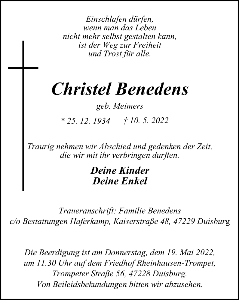  Traueranzeige für Christel Benedens vom 14.05.2022 aus waz