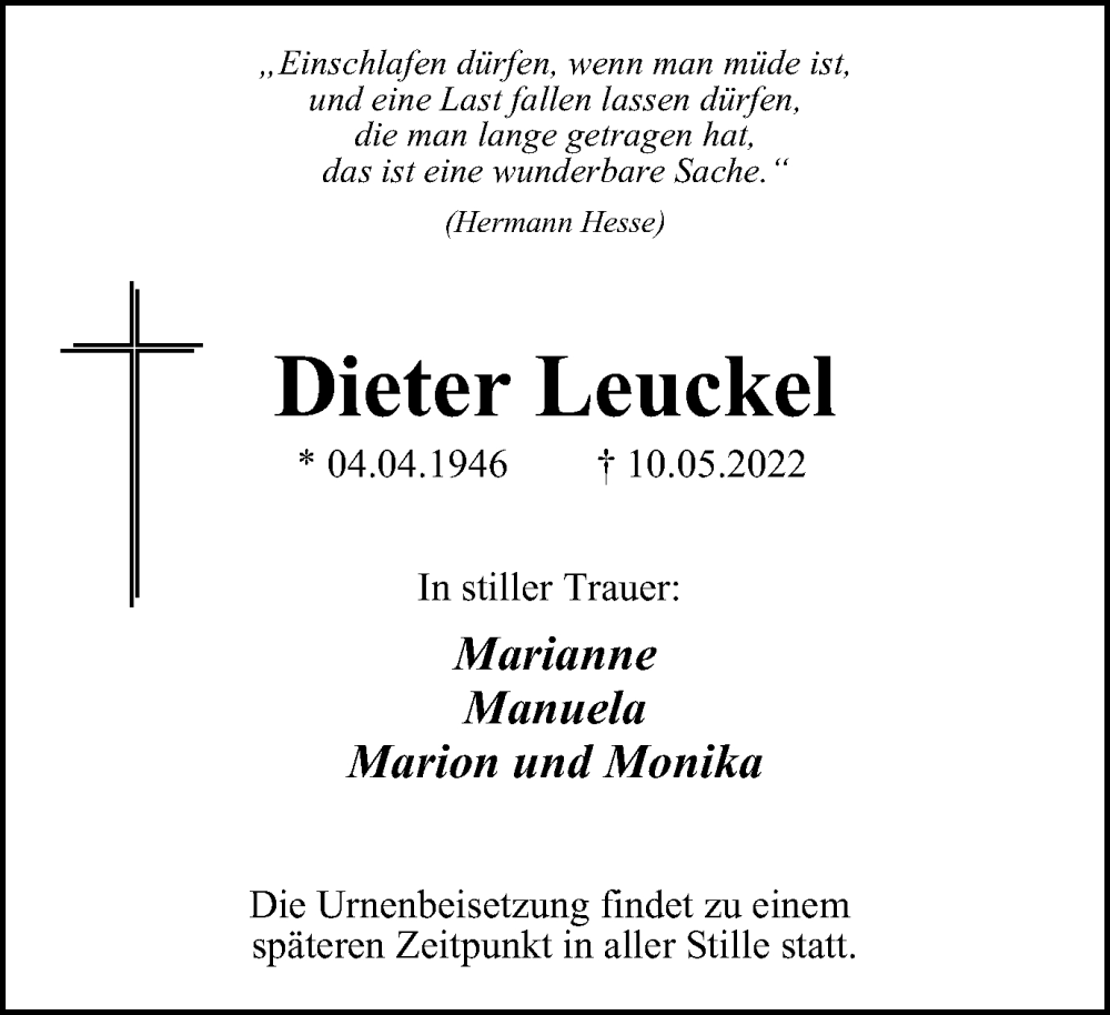  Traueranzeige für Dieter Leuckel vom 14.05.2022 aus waz