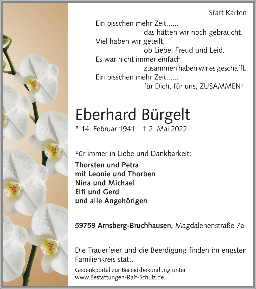  Traueranzeige für Eberhard Bürgelt vom 06.05.2022 aus waz