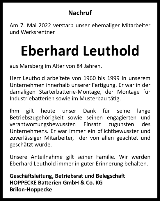 Traueranzeige von Eberhard Leuthold von waz