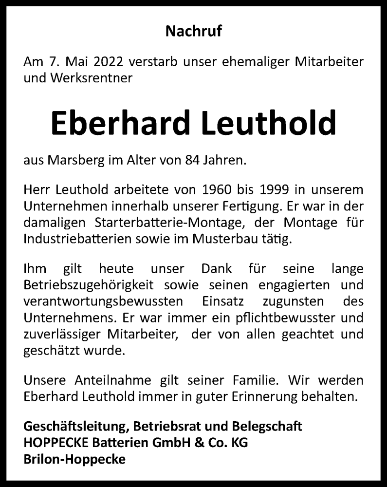  Traueranzeige für Eberhard Leuthold vom 16.05.2022 aus waz