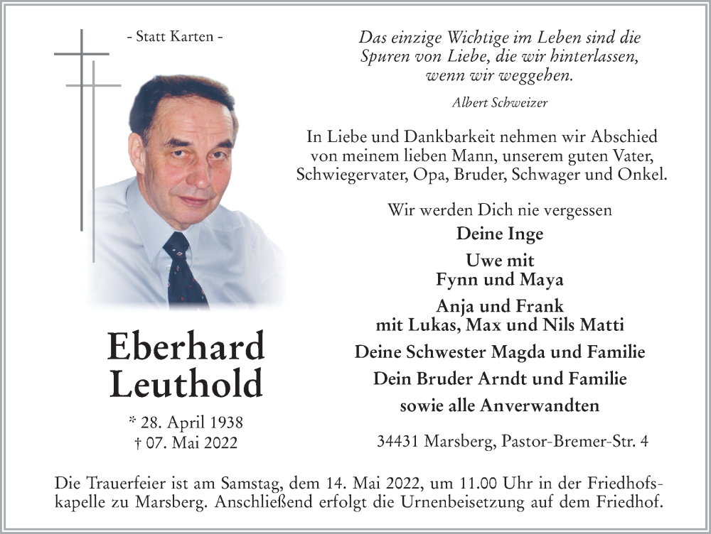  Traueranzeige für Eberhard Leuthold vom 11.05.2022 aus waz