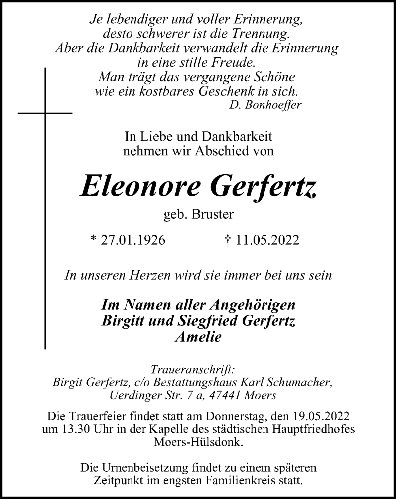  Traueranzeige für Eleonore Gerfertz vom 14.05.2022 aus waz