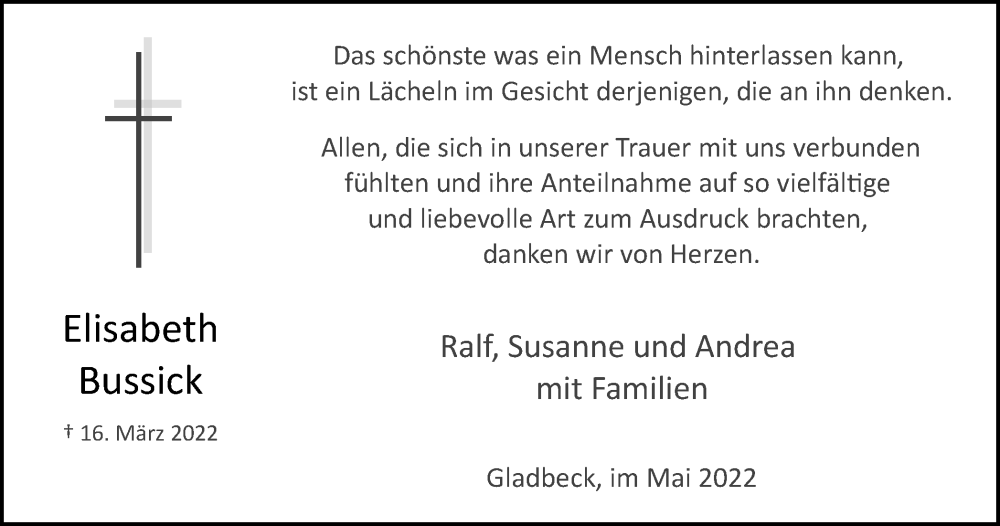  Traueranzeige für Elisabeth Bussick vom 14.05.2022 aus waz