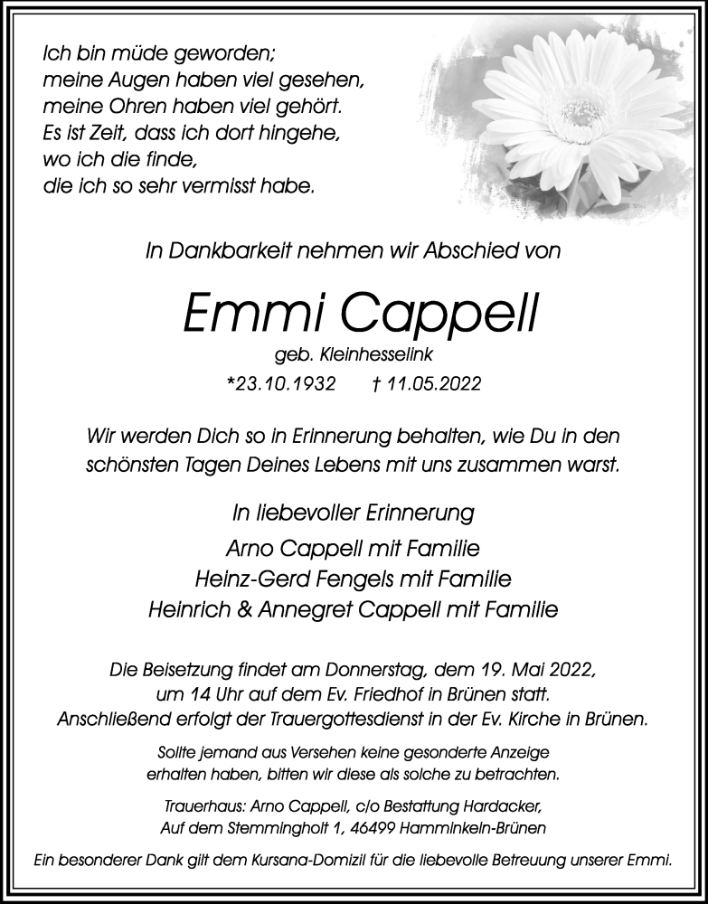  Traueranzeige für Emmi Cappell vom 14.05.2022 aus waz