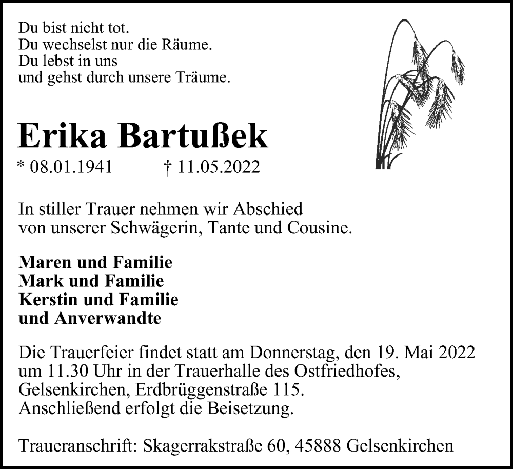  Traueranzeige für Erika Bartußek vom 14.05.2022 aus waz