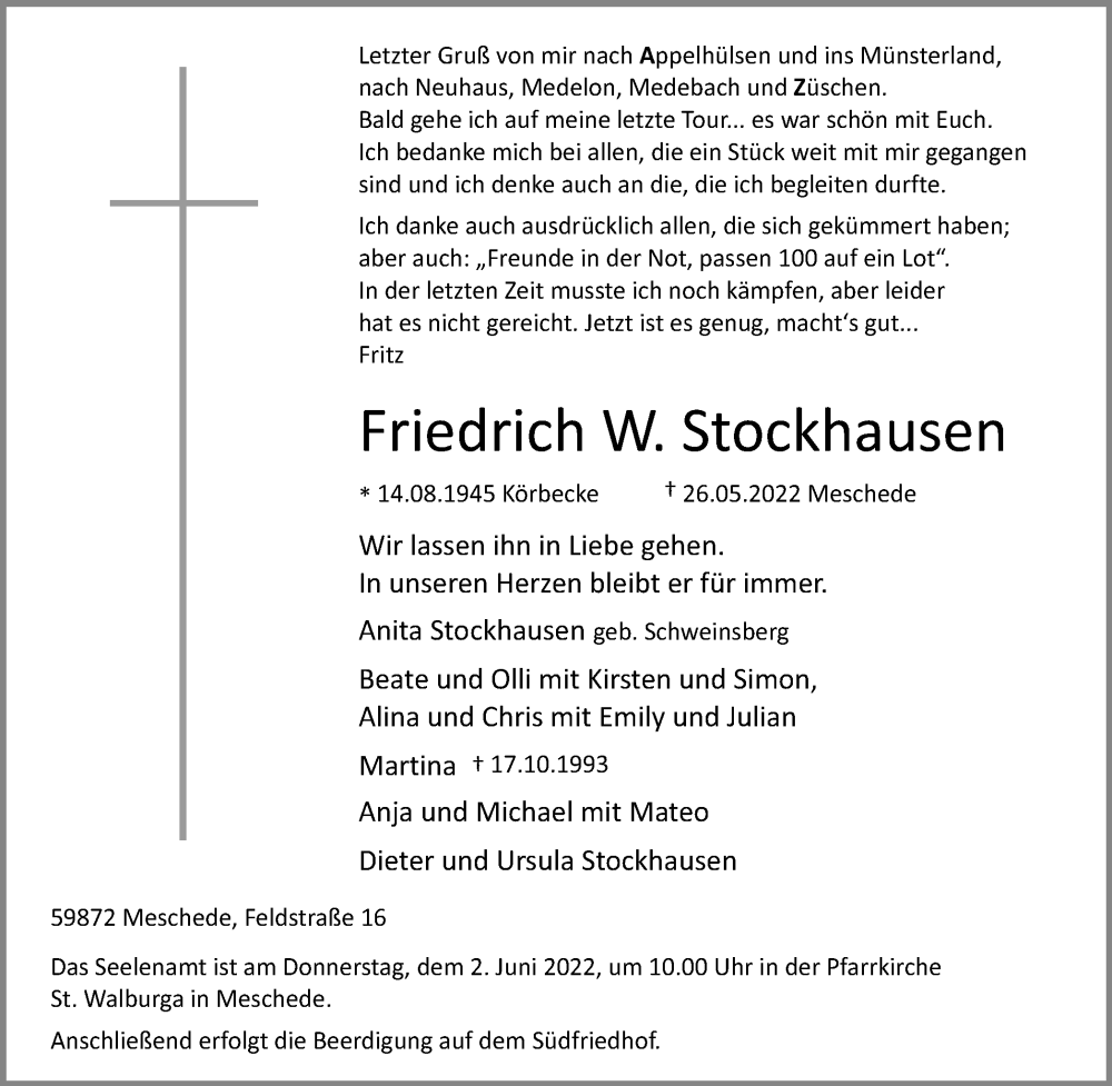  Traueranzeige für Friedrich W. Stockhausen vom 31.05.2022 aus waz