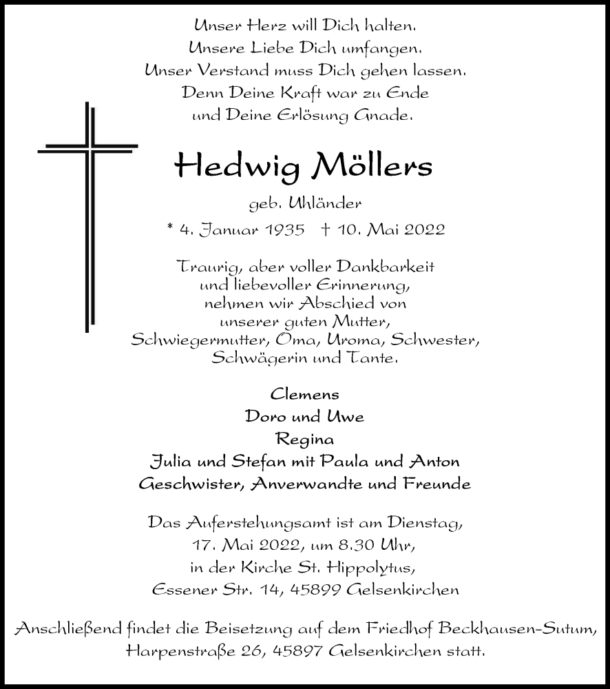  Traueranzeige für Hedwig Möllers vom 14.05.2022 aus waz