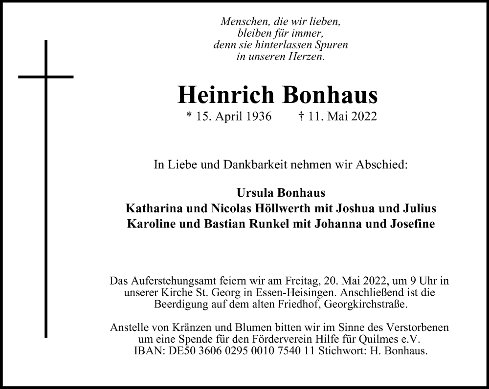  Traueranzeige für Heinrich Bonhaus vom 14.05.2022 aus waz