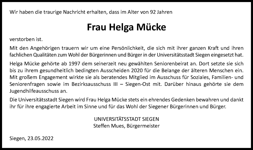  Traueranzeige für Helga Mücke vom 24.05.2022 aus Tageszeitung