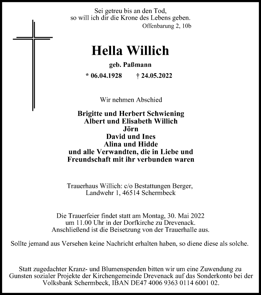  Traueranzeige für Hella Willich vom 26.05.2022 aus waz