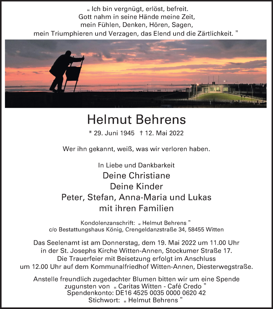  Traueranzeige für Helmut Behrens vom 16.05.2022 aus waz