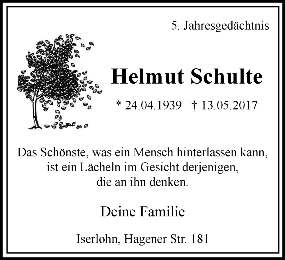  Traueranzeige für Helmut Schulte vom 13.05.2022 aus waz
