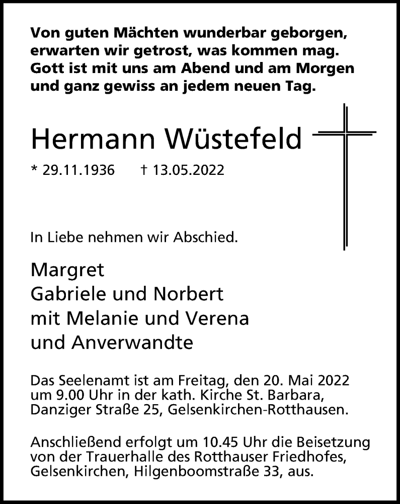  Traueranzeige für Hermann Wüstefeld vom 14.05.2022 aus waz