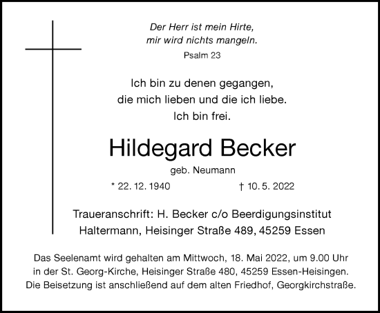 Traueranzeige von Hildegard Becker von waz