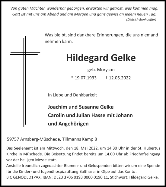 Traueranzeige von Hildegard Gelke von waz