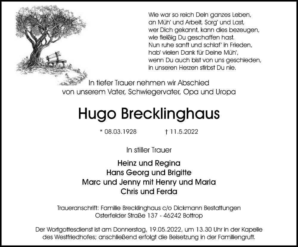  Traueranzeige für Hugo Brecklinghaus vom 14.05.2022 aus waz