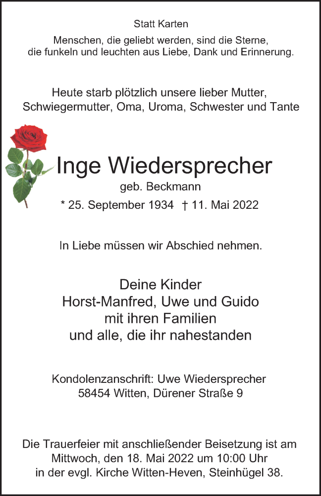  Traueranzeige für Inge Wiedersprecher vom 14.05.2022 aus waz