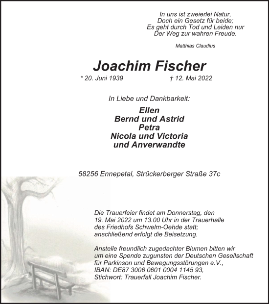 Traueranzeige von Joachim Fischer von waz