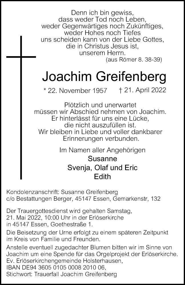  Traueranzeige für Joachim Greifenberg vom 13.05.2022 aus waz