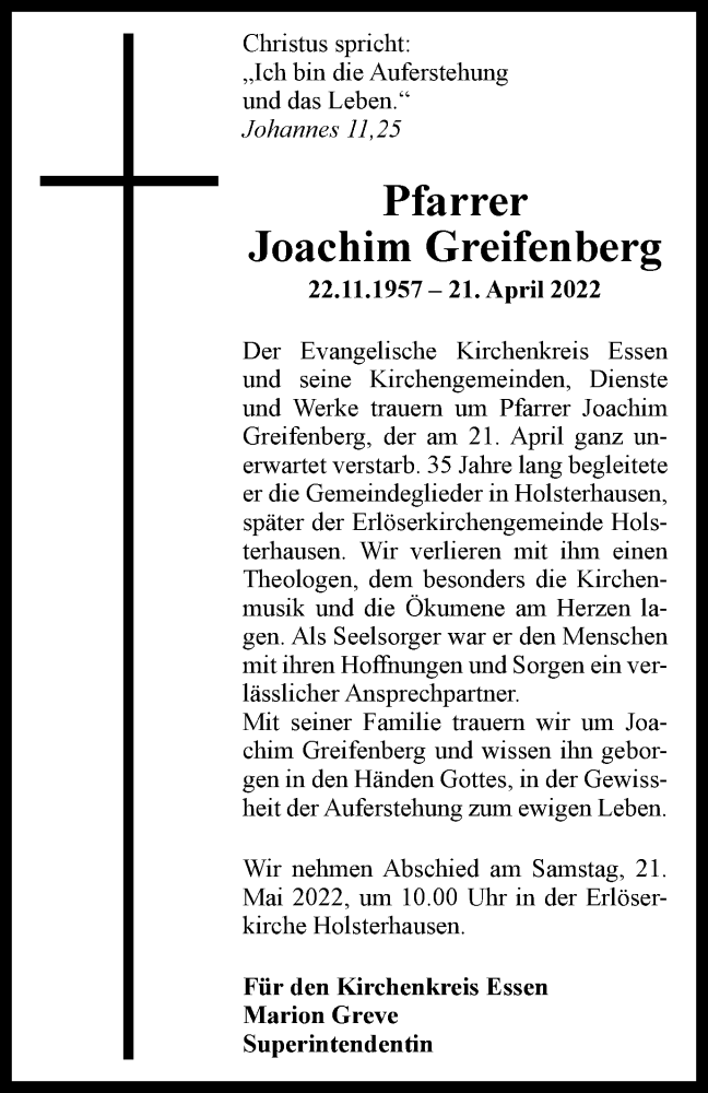  Traueranzeige für Joachim Greifenberg vom 13.05.2022 aus waz