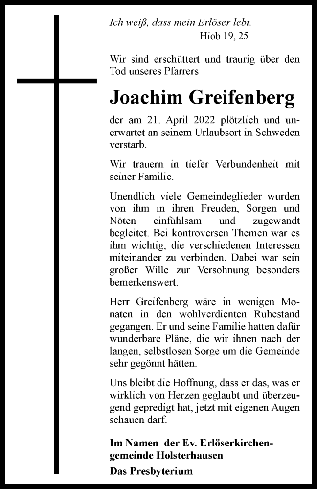  Traueranzeige für Joachim Greifenberg vom 13.05.2022 aus Tageszeitung