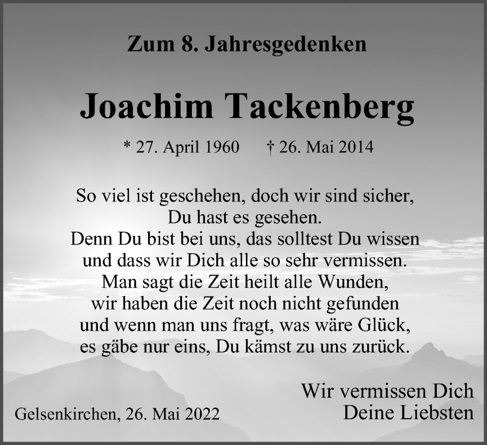  Traueranzeige für Joachim Tackenberg vom 26.05.2022 aus Tageszeitung
