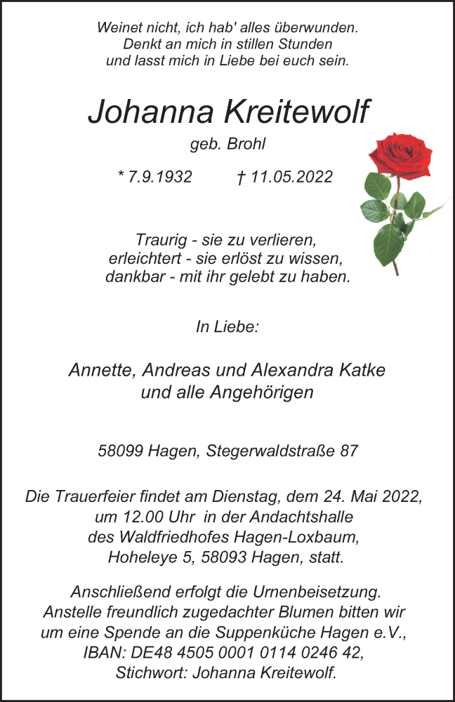  Traueranzeige für Johanna Kreitewolf vom 14.05.2022 aus waz
