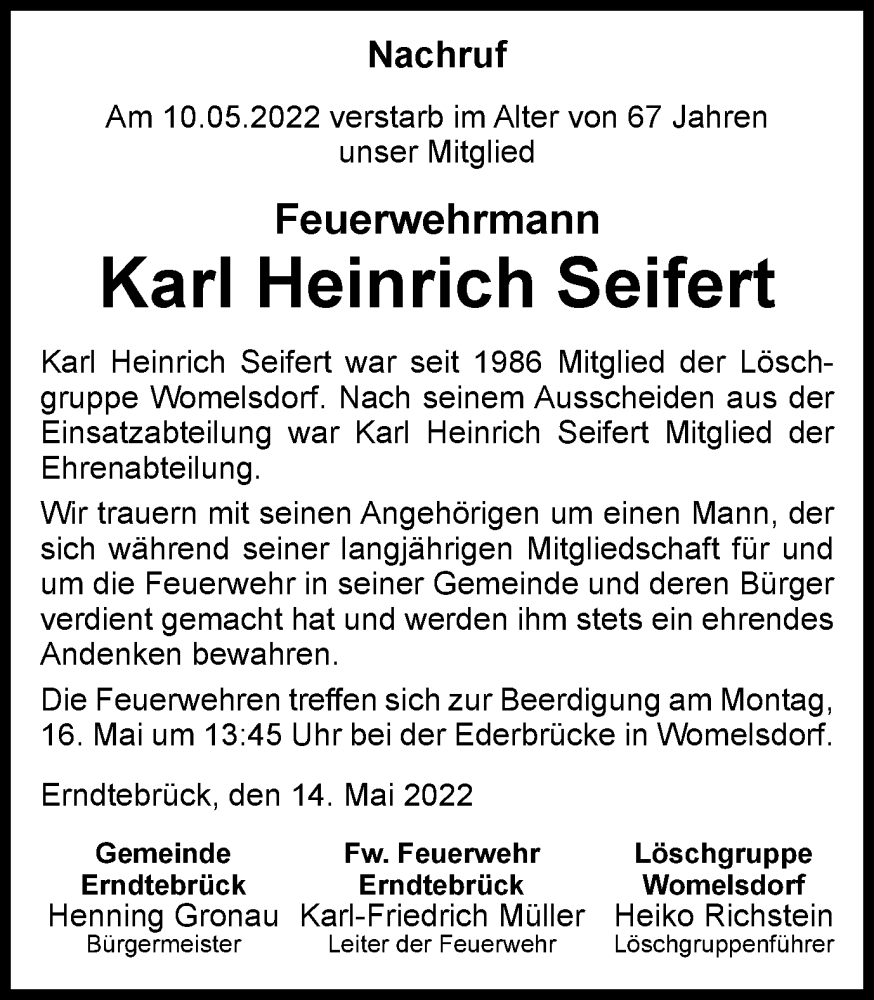  Traueranzeige für Karl Heinrich Seifert vom 14.05.2022 aus waz