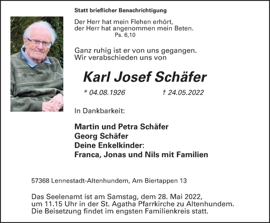 Traueranzeige von Karl Josef Schäfer von waz