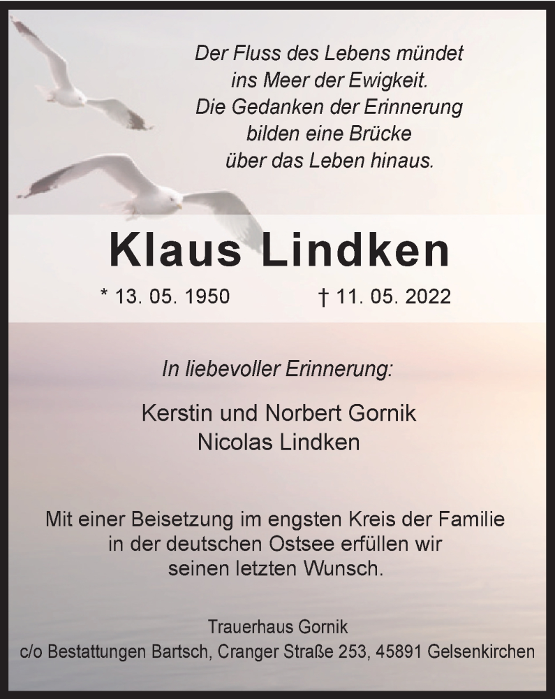  Traueranzeige für Klaus Lindken vom 14.05.2022 aus waz