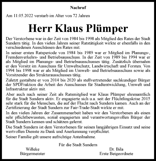 Traueranzeige von Klaus Plümper von Tageszeitung