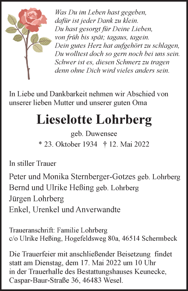  Traueranzeige für Lieselotte Lohrberg vom 14.05.2022 aus Tageszeitung