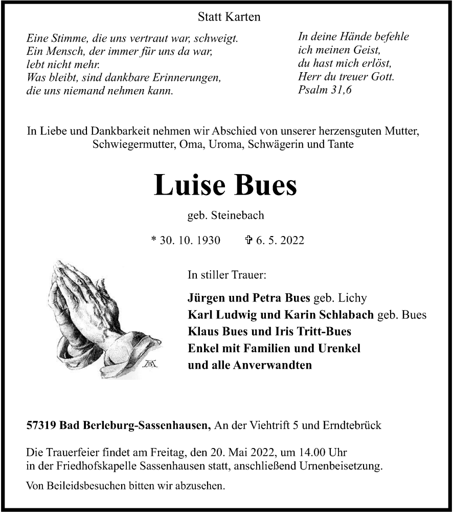  Traueranzeige für Luise Bues vom 13.05.2022 aus waz