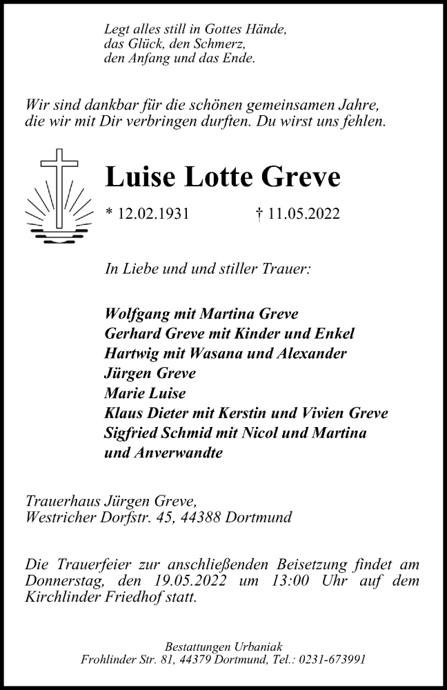  Traueranzeige für Luise Lotte Greve vom 14.05.2022 aus waz