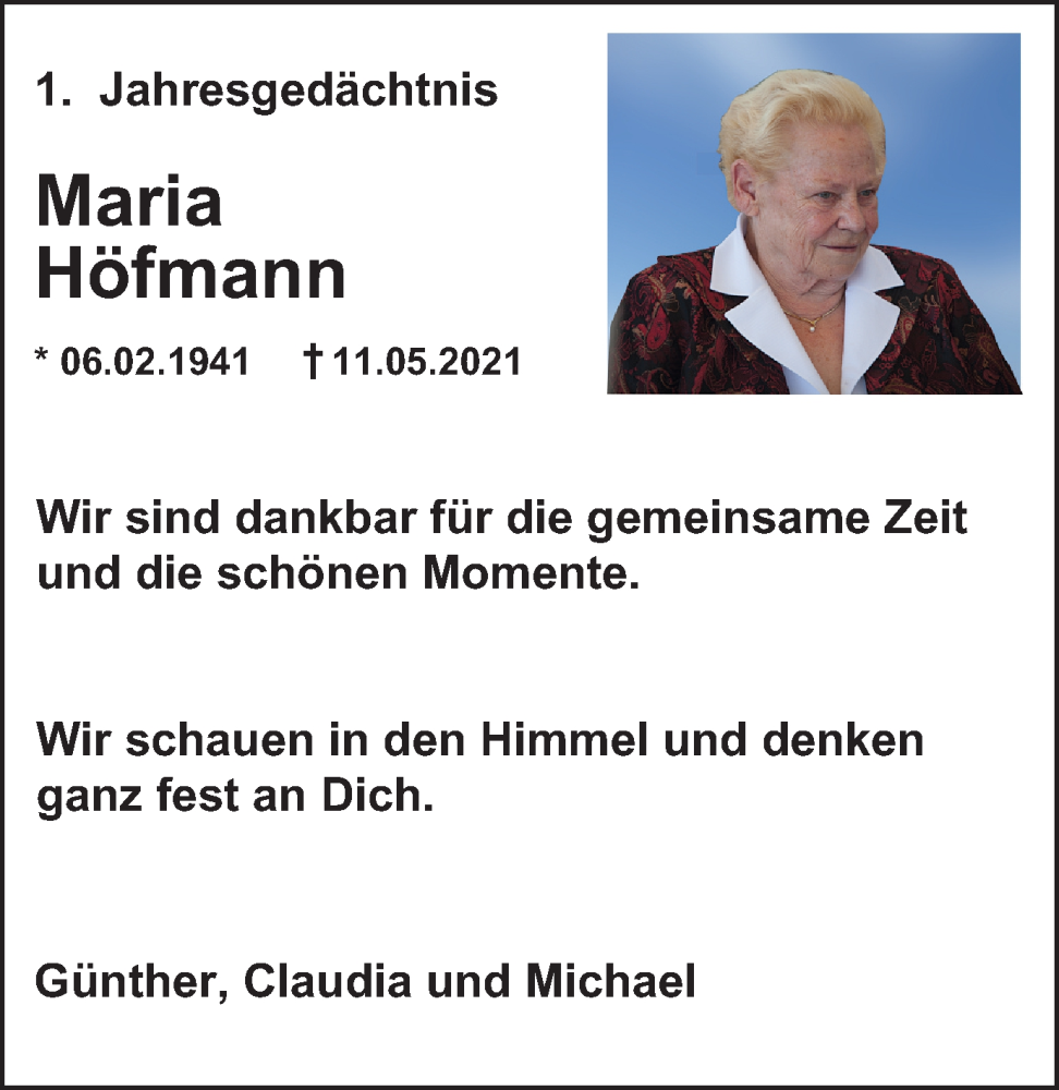  Traueranzeige für Maria Höfmann vom 13.05.2022 aus waz
