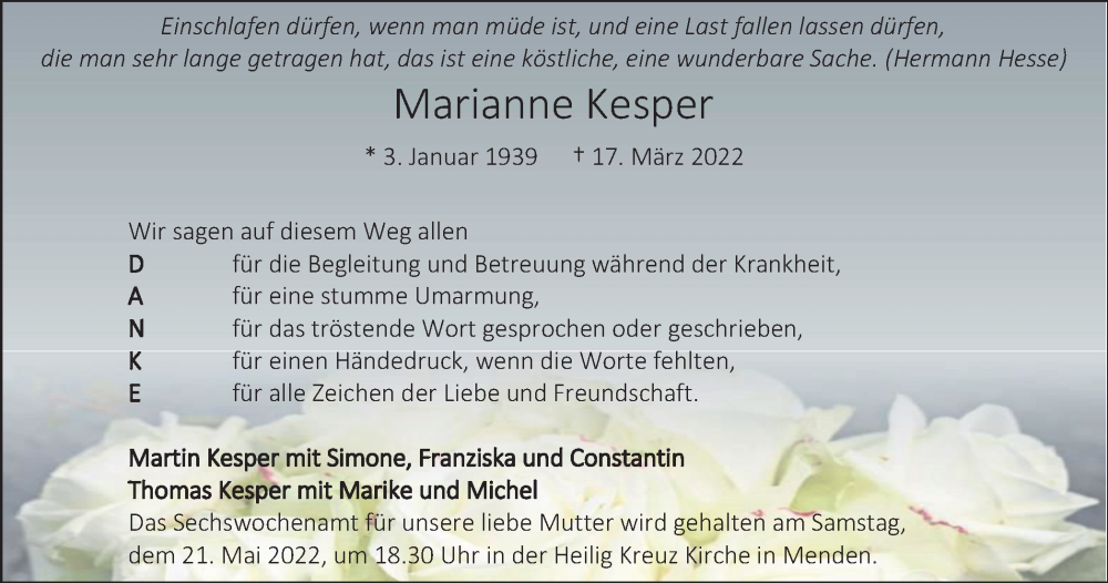  Traueranzeige für Marianne Kesper vom 14.05.2022 aus waz