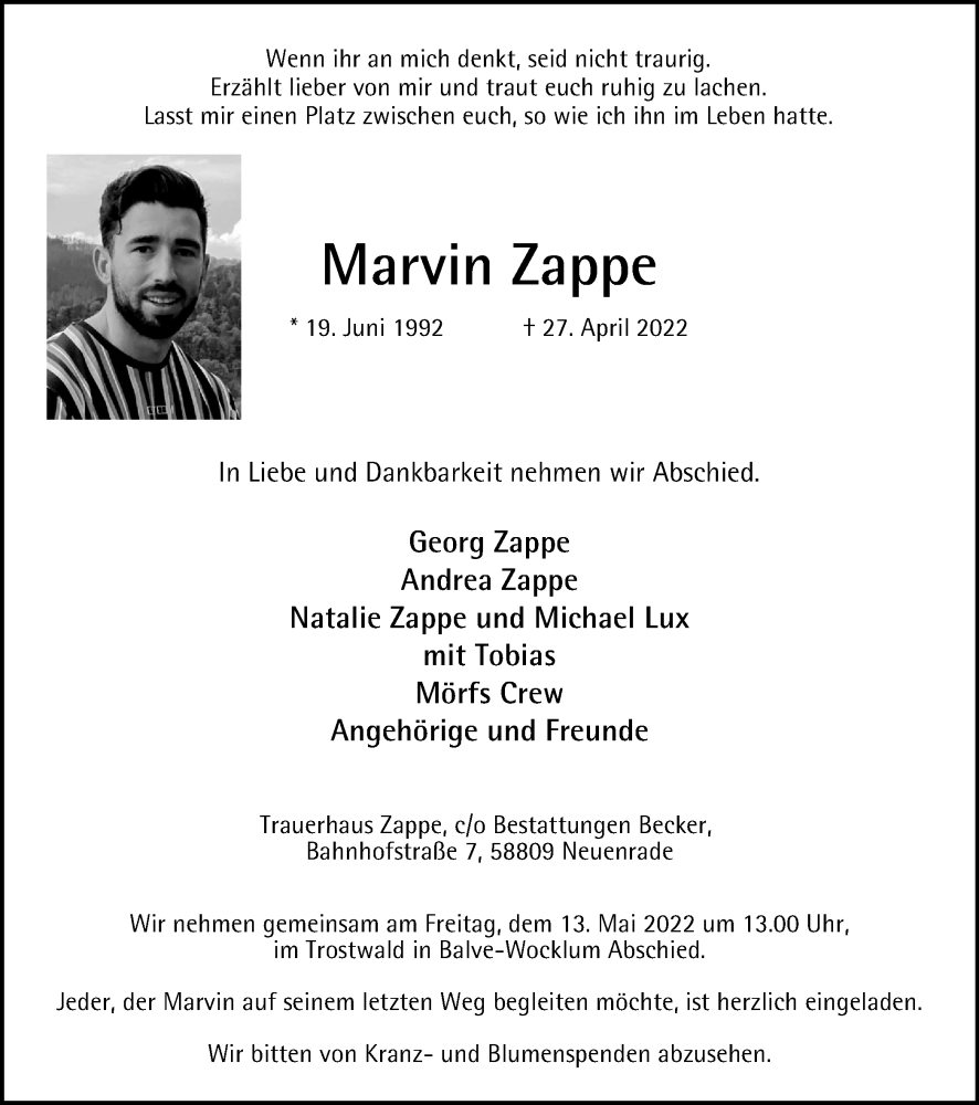  Traueranzeige für Marvin Zappe vom 07.05.2022 aus Tageszeitung