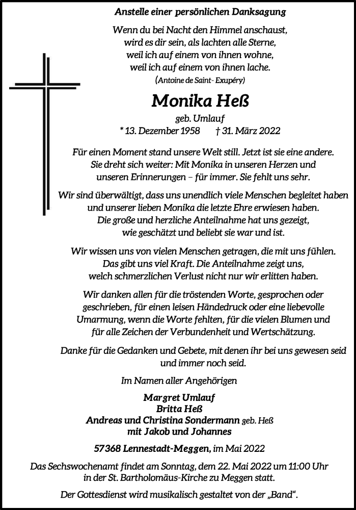  Traueranzeige für Monika Heß vom 16.05.2022 aus waz