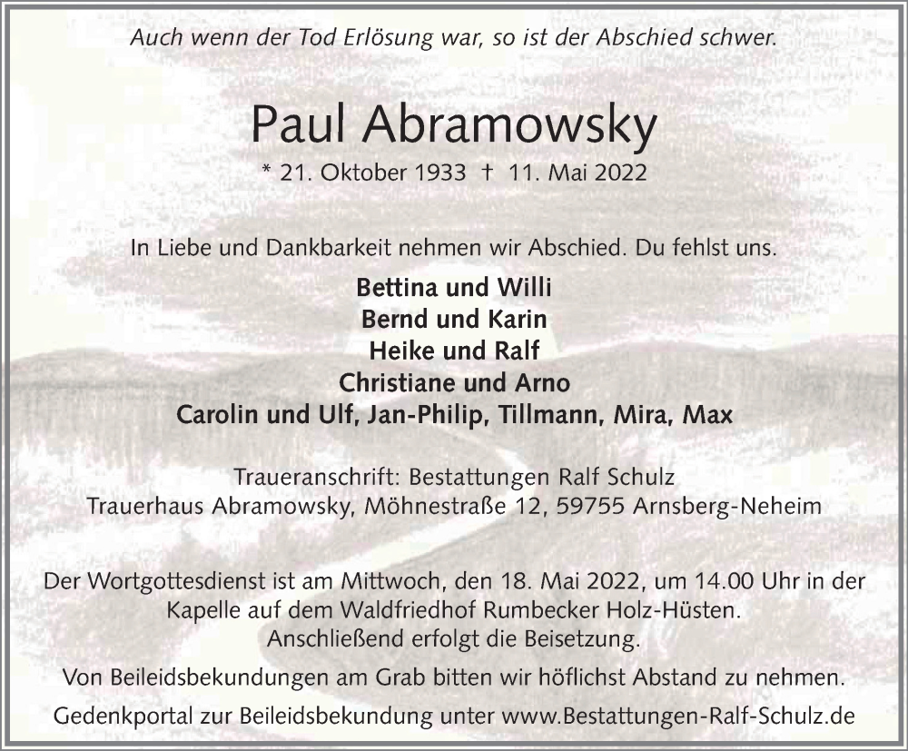  Traueranzeige für Paul Abramowsky vom 14.05.2022 aus waz