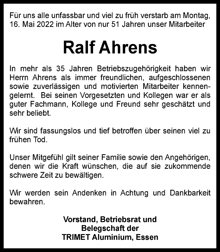  Traueranzeige für Ralf Ahrens vom 28.05.2022 aus Tageszeitung