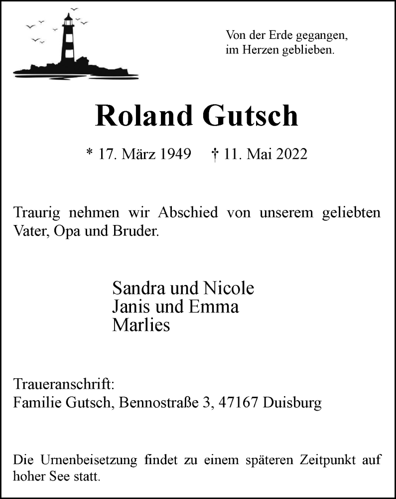  Traueranzeige für Roland Gutsch vom 14.05.2022 aus waz