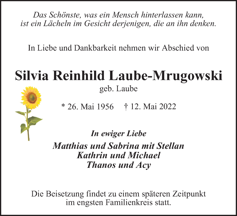 Traueranzeige für Silvia Reinhild Laube-Mrugowski vom 14.05.2022 aus Tageszeitung