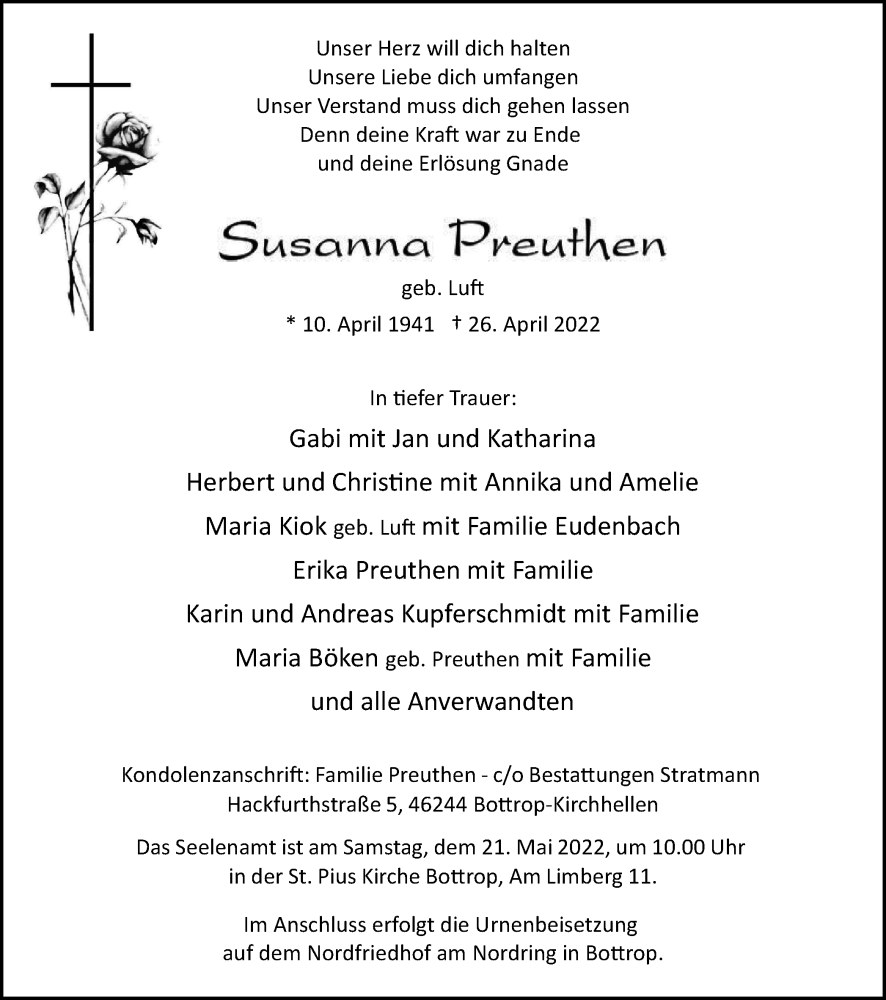  Traueranzeige für Susanne Preuthen vom 14.05.2022 aus waz
