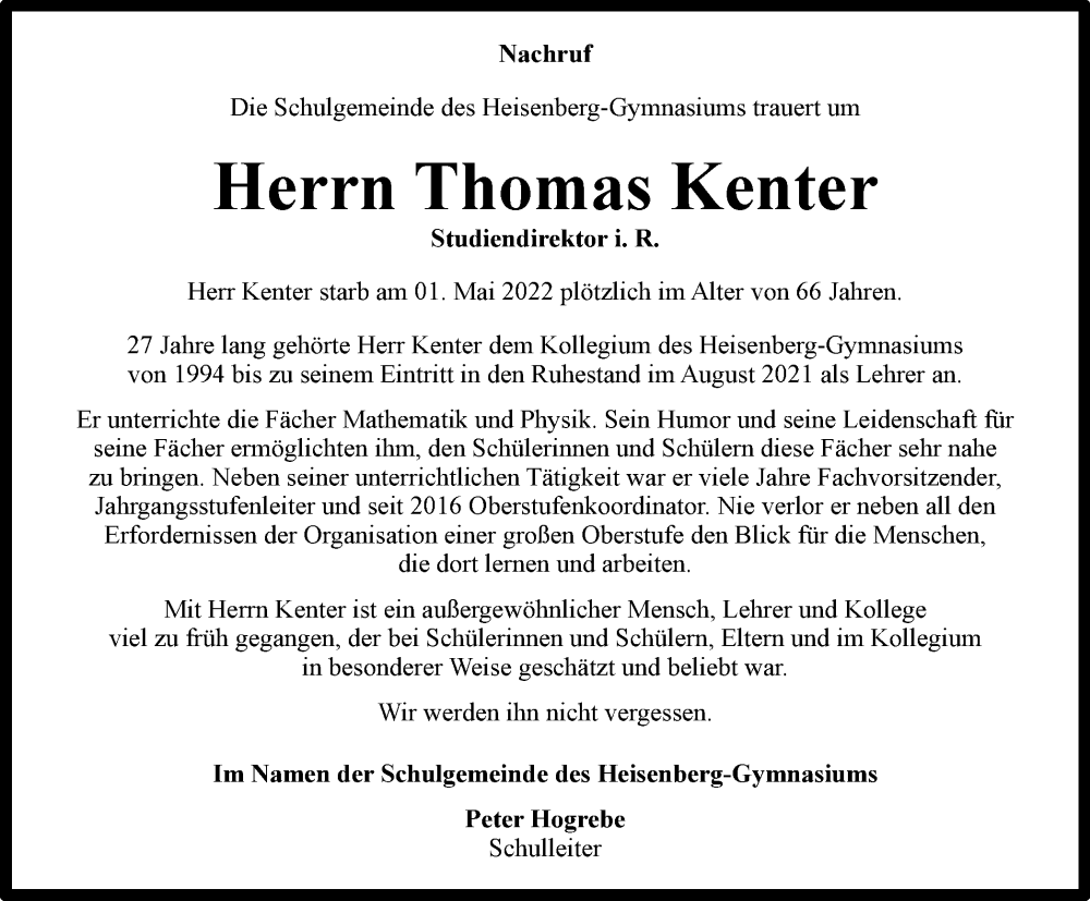  Traueranzeige für Thomas Kenter vom 21.05.2022 aus waz