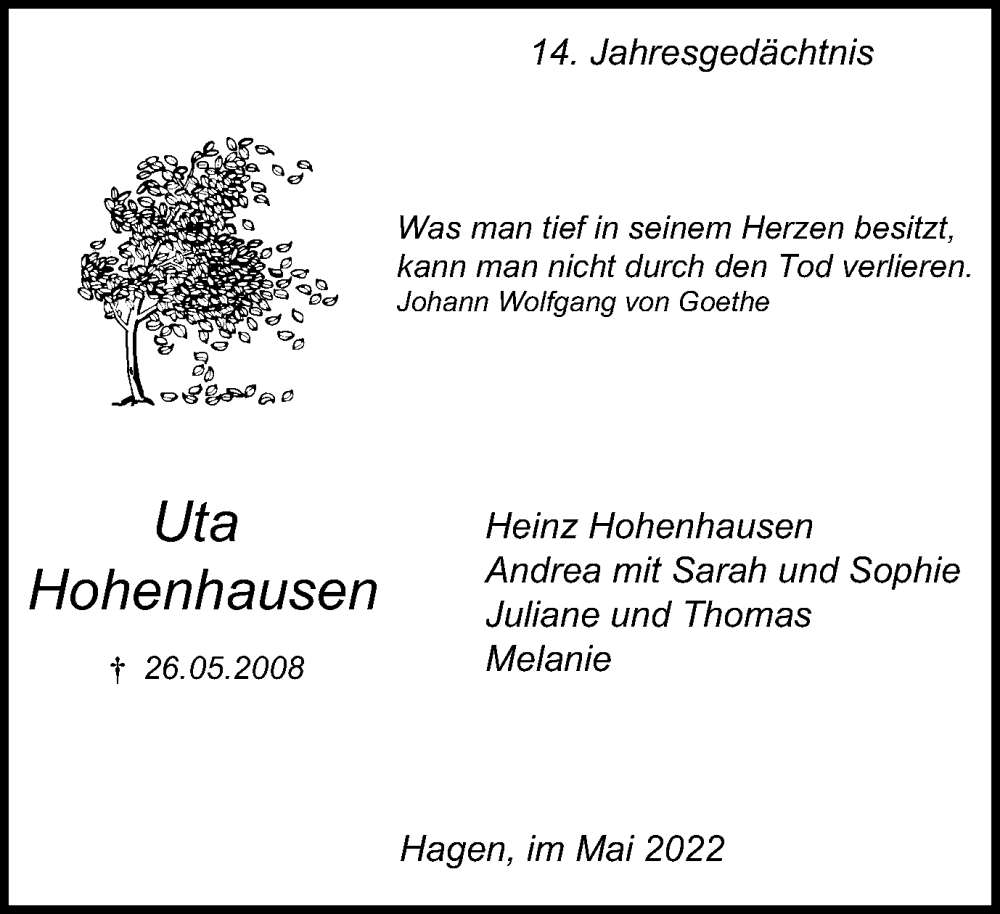  Traueranzeige für Uta Hohenhausen vom 26.05.2022 aus Tageszeitung