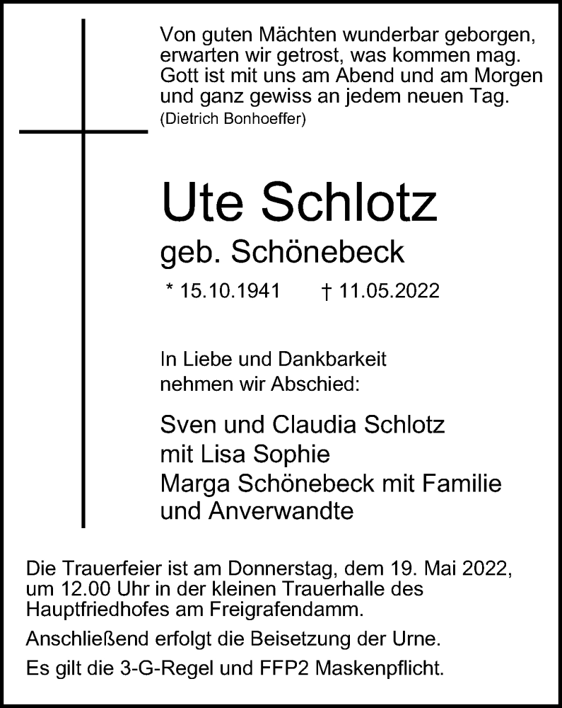  Traueranzeige für Ute Schlotz vom 14.05.2022 aus waz