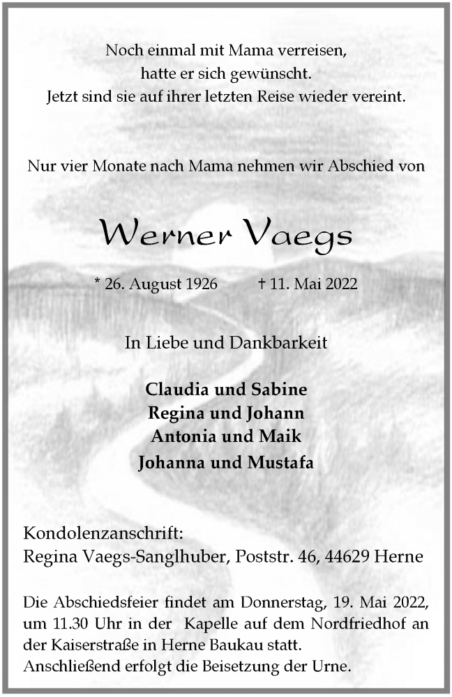  Traueranzeige für Werner Vaegs vom 14.05.2022 aus waz