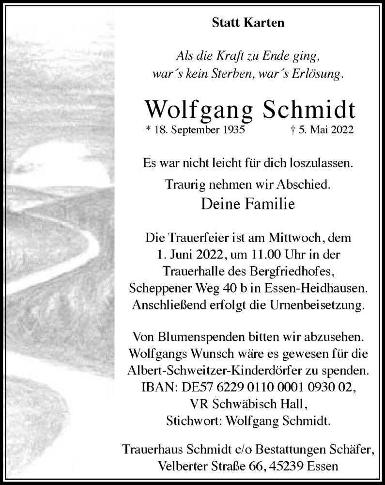  Traueranzeige für Wolfgang Schmidt vom 13.05.2022 aus waz